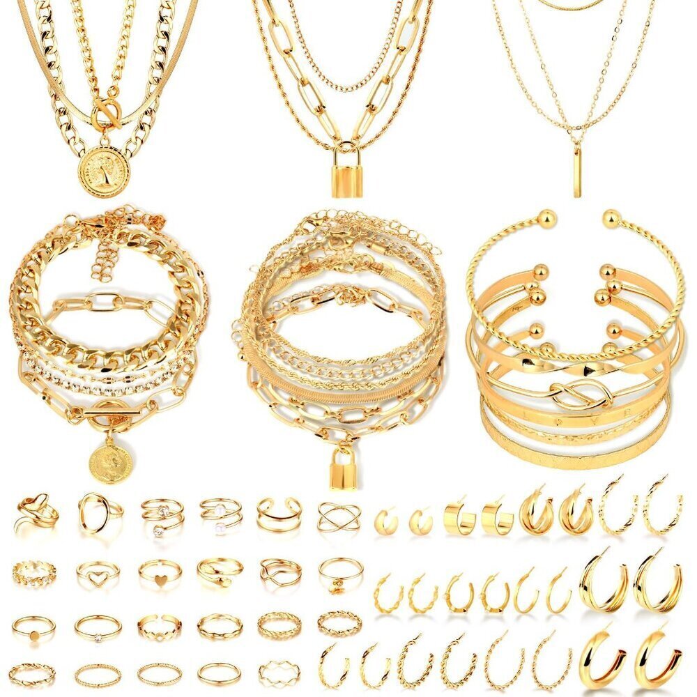 Gold Plated Jewelry Set Stackable Layers Minimalist Boho Elegant Textured Charms